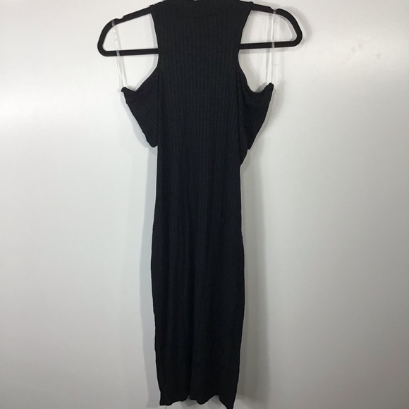 Black High Neck Ribbed Cold Shoulder MIDI Pencil Dress~S - Picture 6 of 9